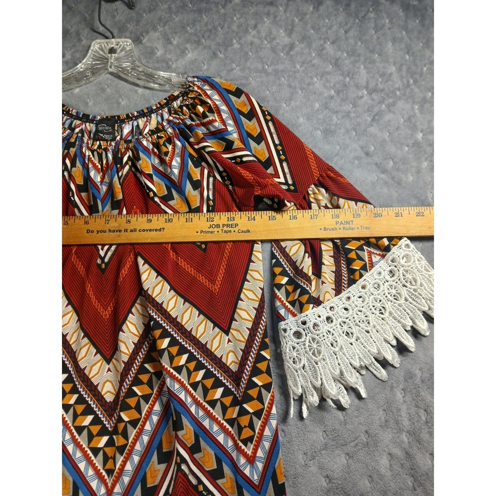 WinWin Half Sleeve Lace Tunic Top Red Geometric Chevron Boho S-M - Picture 4 of 9